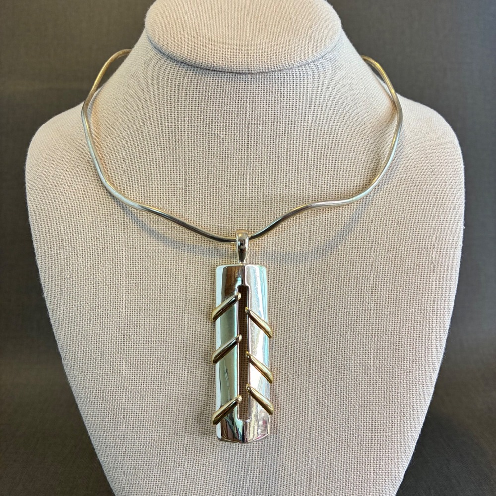 Vintage Silver Gold Tone Modernist Torque Collar Necklace Mixed Metal Pendant